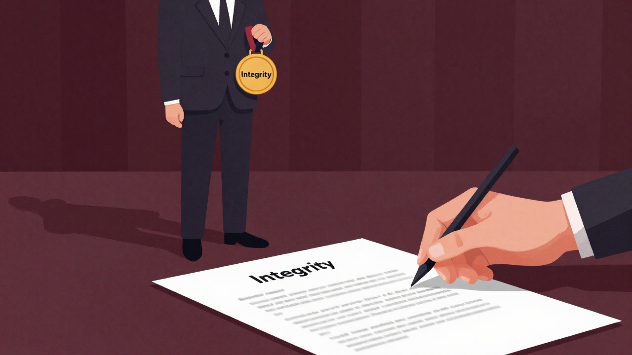 Silhouette of a person standing proudly in public while secretly signing a shadowy contract behind a curtain