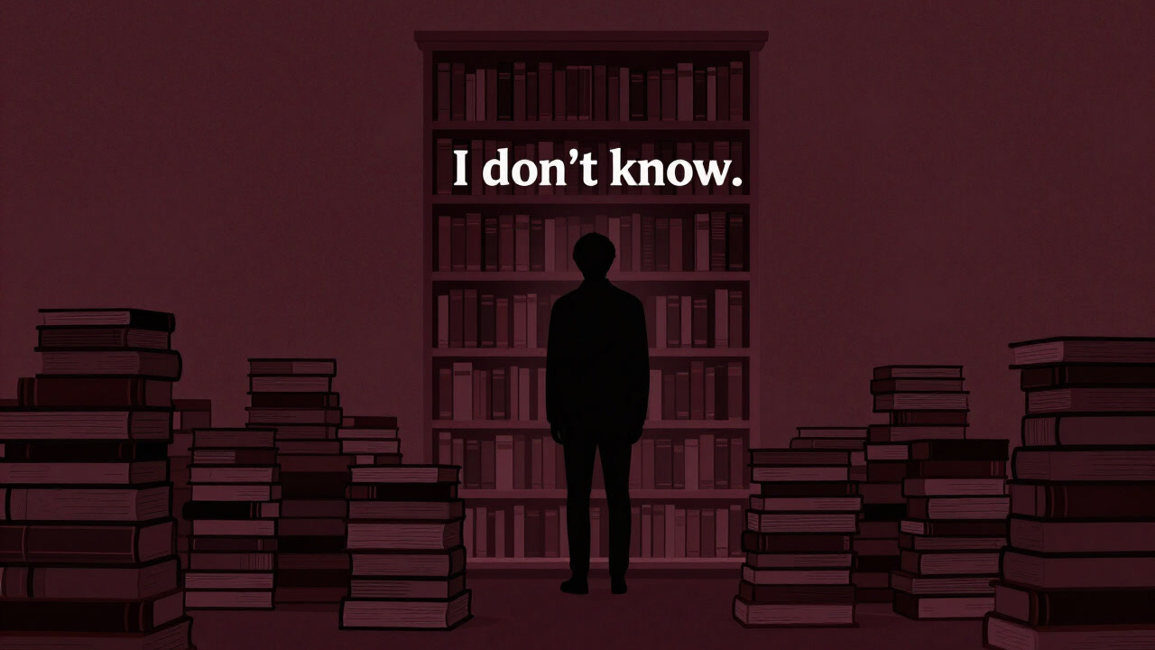 書架の前で本を山積みにし、『わからない』と呟く人影のシルエット