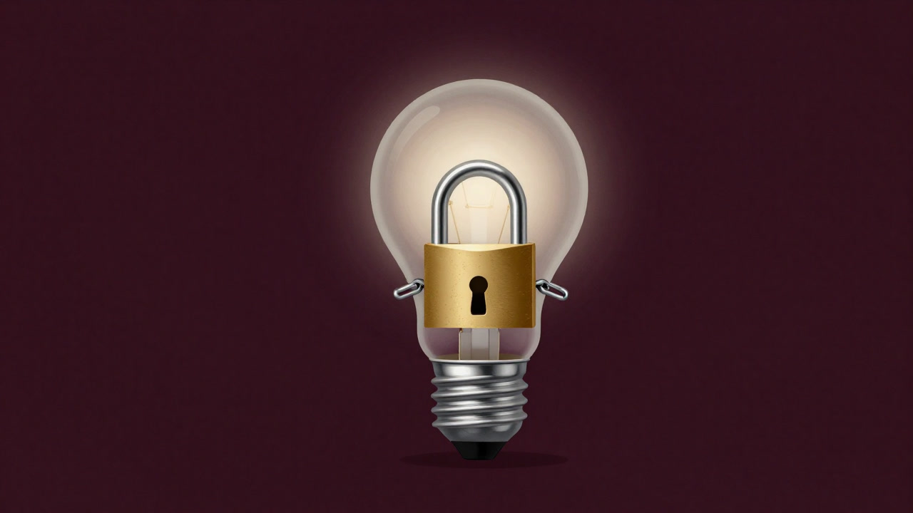 A golden padlock locking a glowing light bulb representing an idea