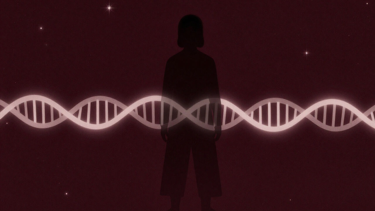 An illustration of a mysterious silhouette overlapping a glowing DNA helix against a starry night sky.