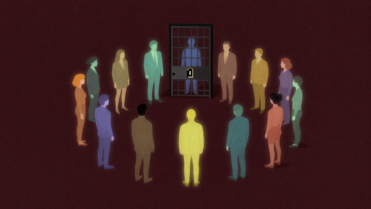 Illustration of diverse people shining in rainbow colors forming a circle, with a locked gate visible inside