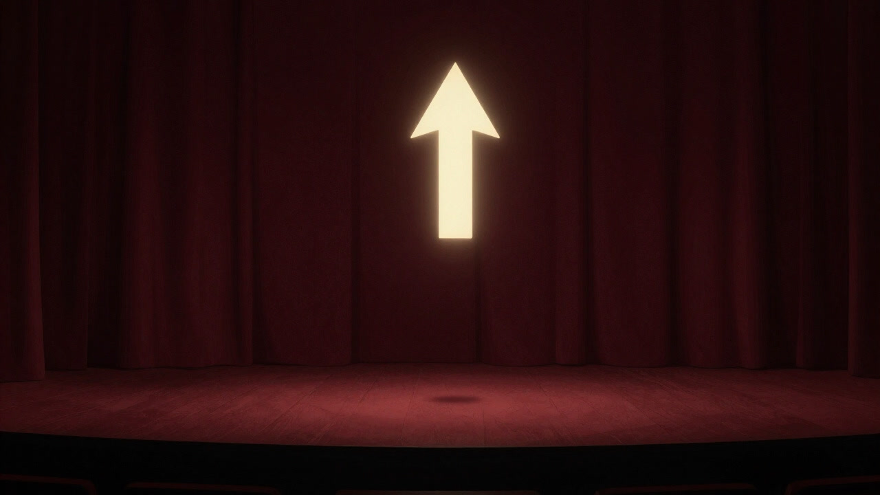 Illustration of a dark stage with a floating arrow pointing into empty space.