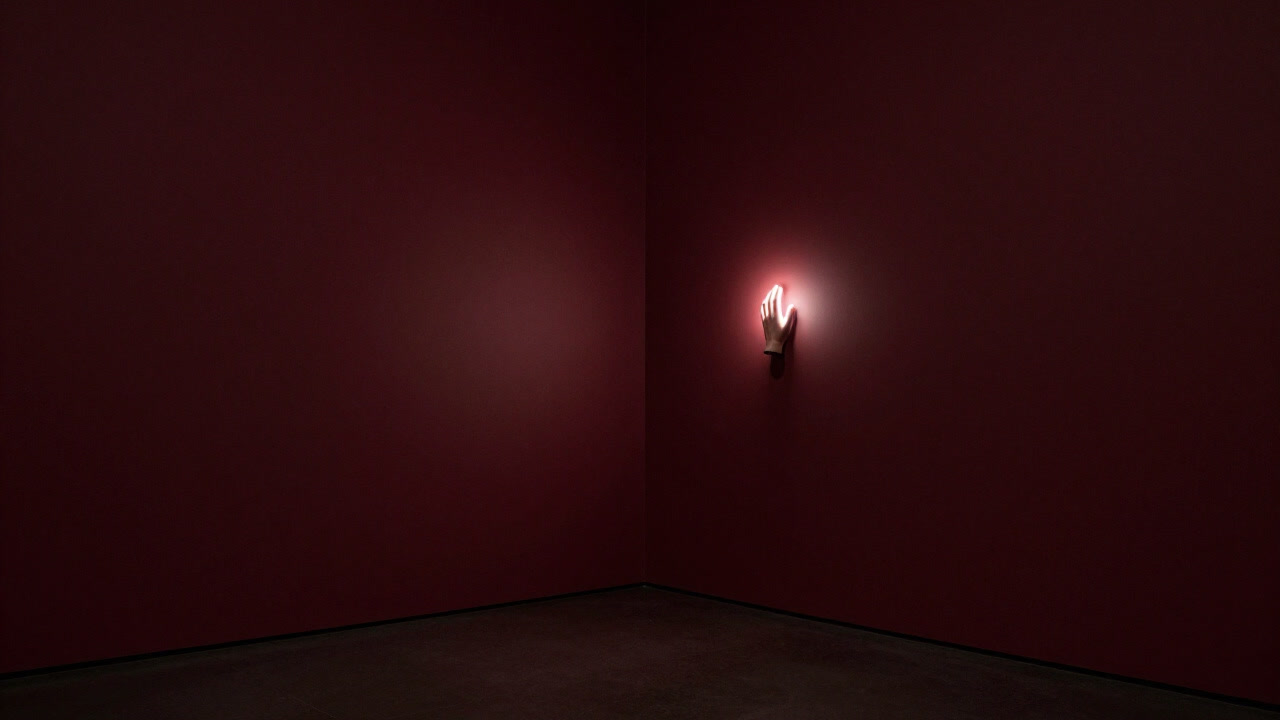 Photo of a dark gallery corner with a display that lights up expectantly as a visitor's hand approaches a sensor