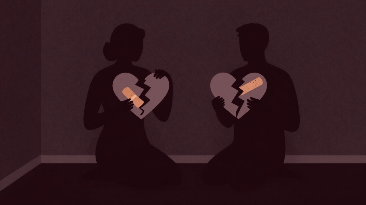 Silhouette of two people connecting broken hearts with band-aids
