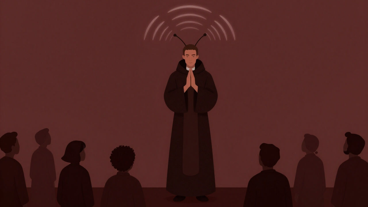 Illustration of a solemn clergy member relaying prayer signals between heaven and humans.