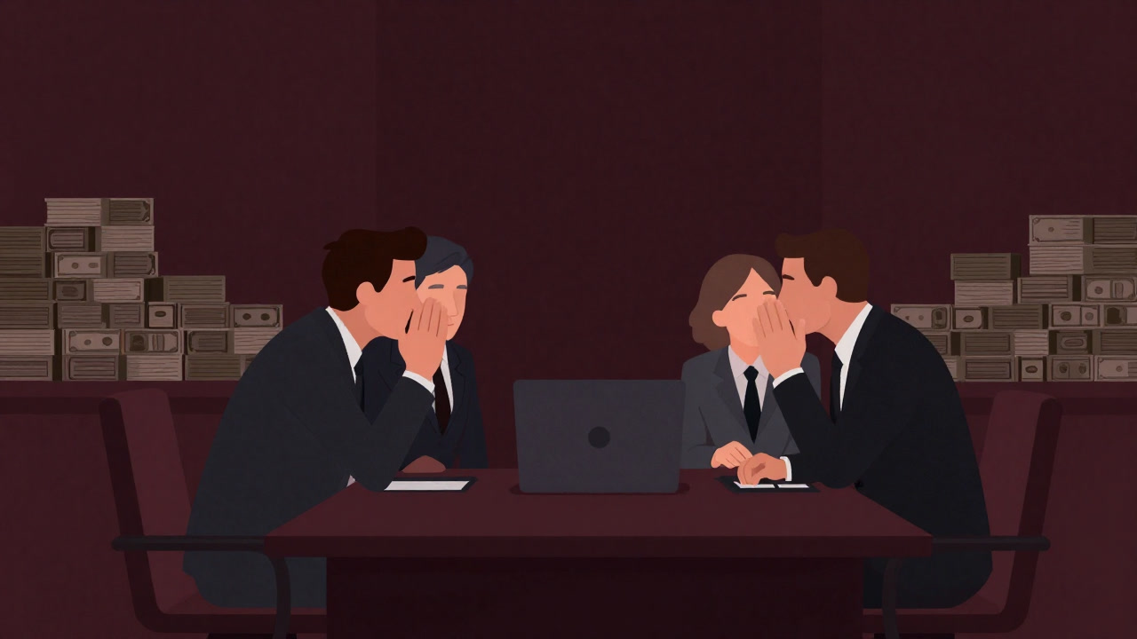 Illustration of suited figures whispering in a conference room with stacks of cash piled in the background