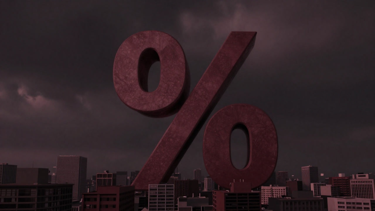 Illustration of a giant percent sign engulfing a city