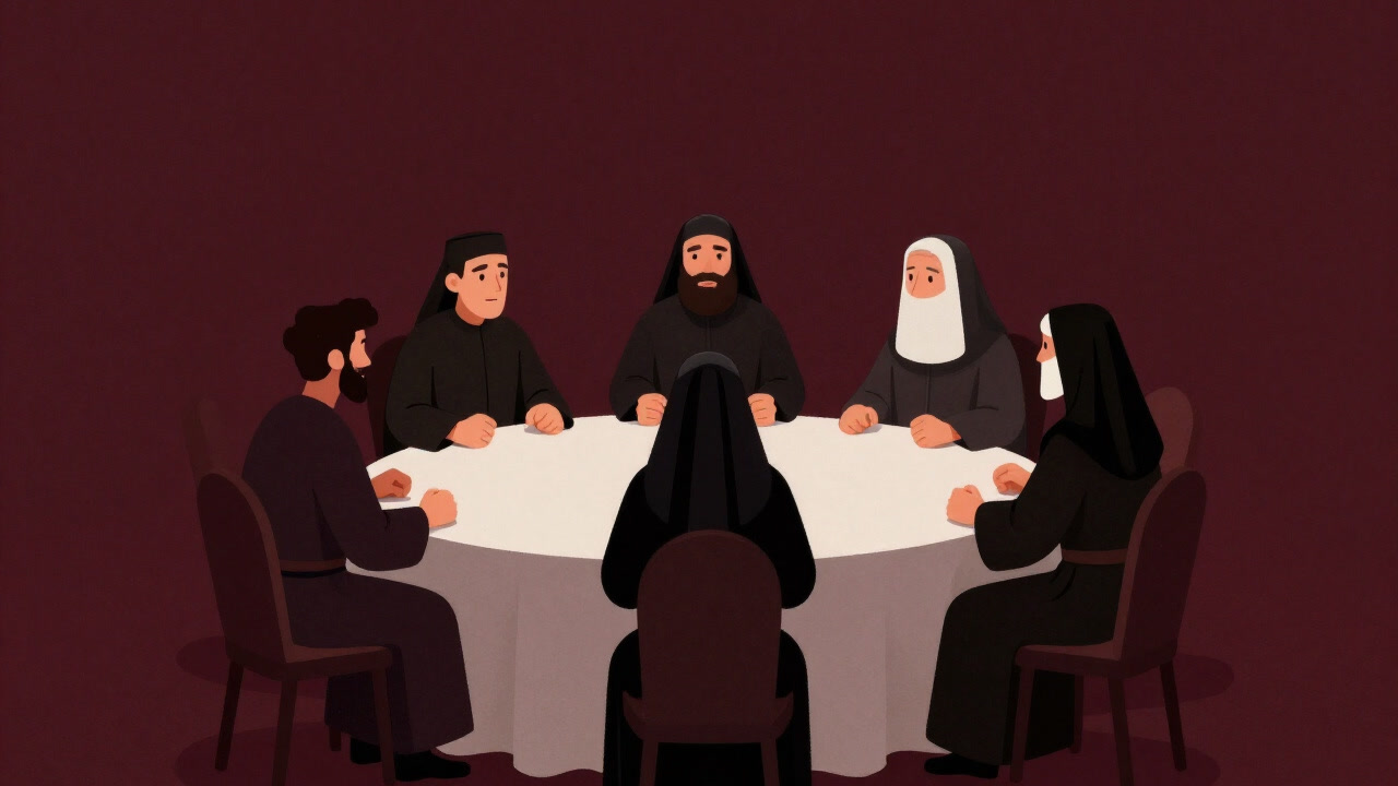 円卓を囲む異なる宗教衣装の人々が笑顔で隠れた眉間のしわを見せるイラスト