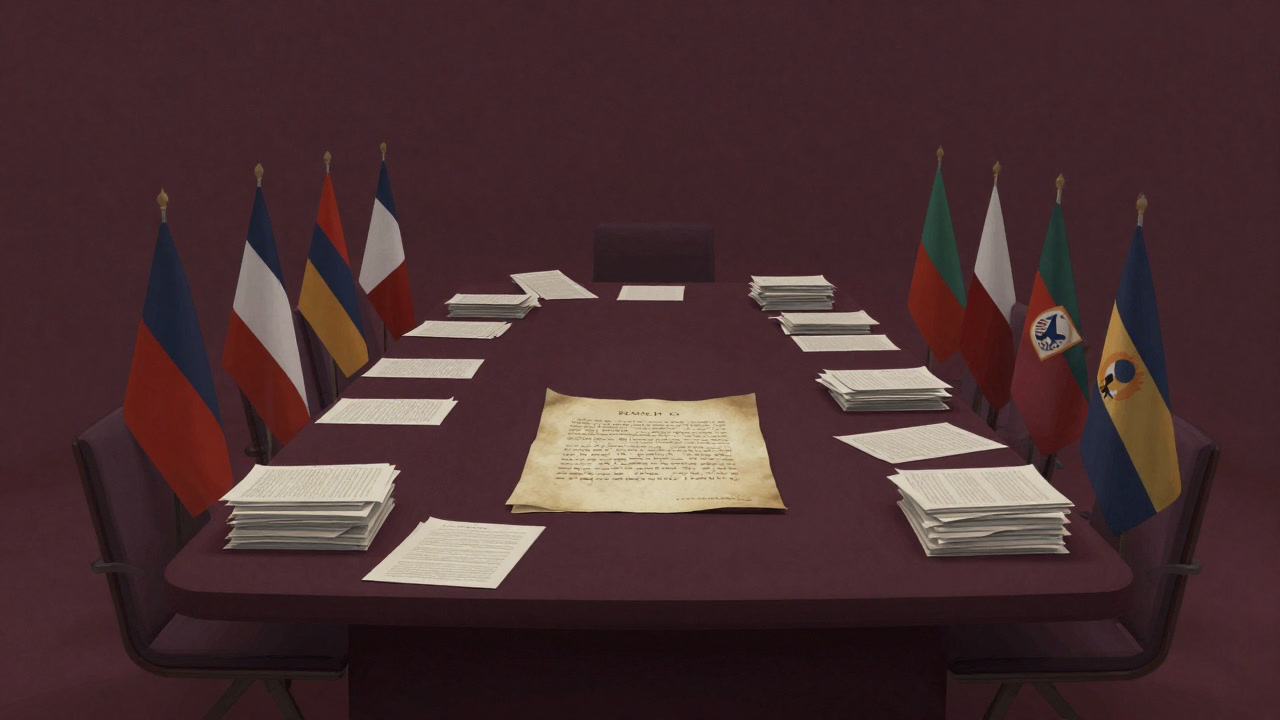 Image of a conference table surrounded by flags and desks piled high with documents with a dusty agreement at the top