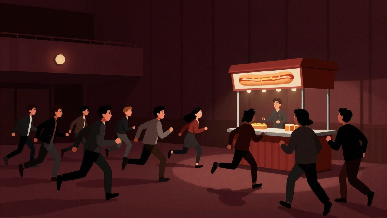 Illustration of theater lobby in dim light with audience crowding around a hot dog stand during intermission