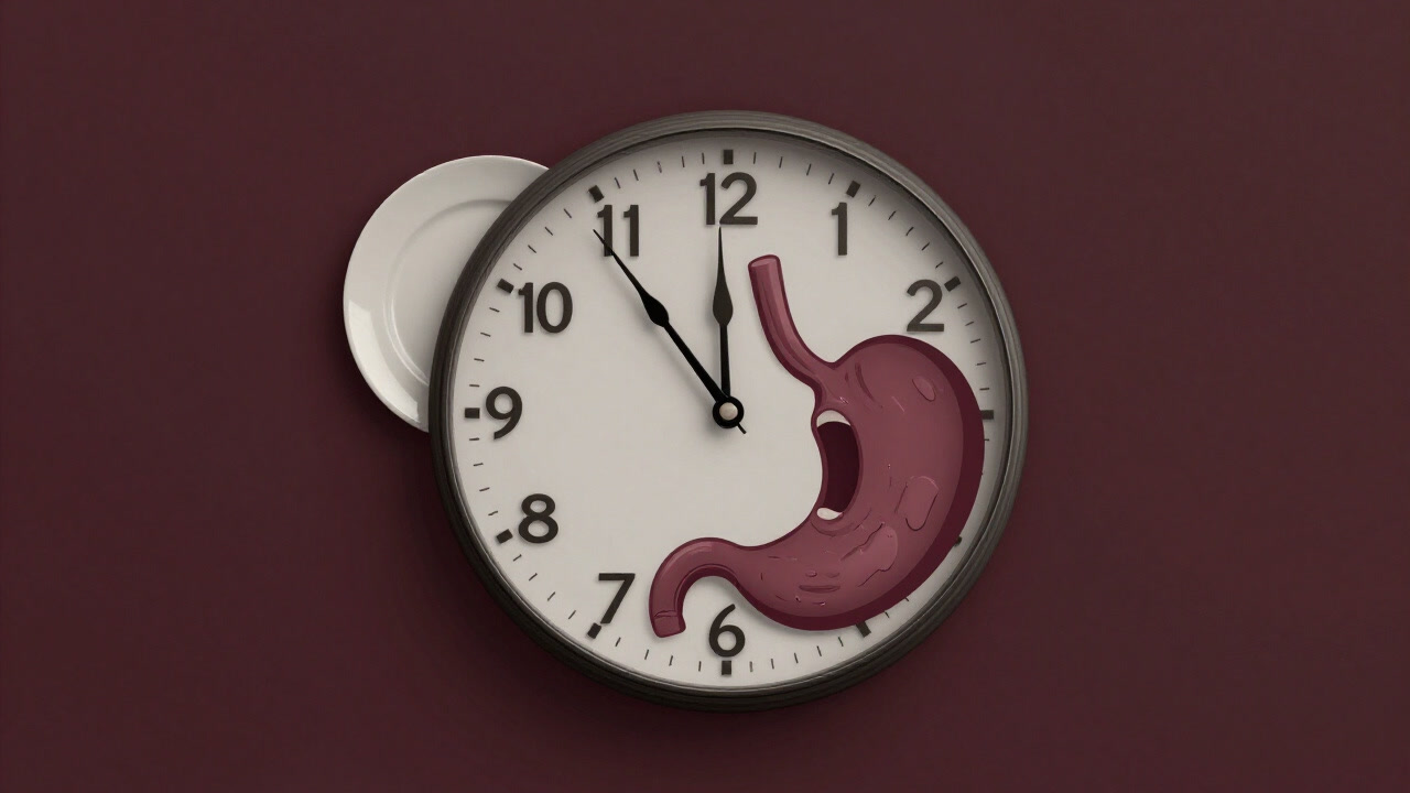 Illustration of a clock face turned into hunger indicators with a screaming stomach beneath