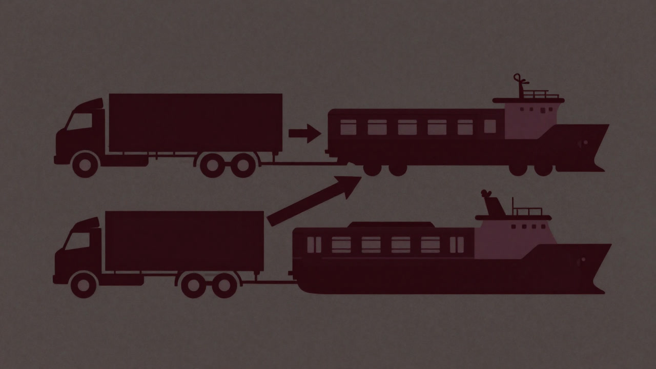 Illustration symbolizing intermodal transport with intertwined truck, train, and ship