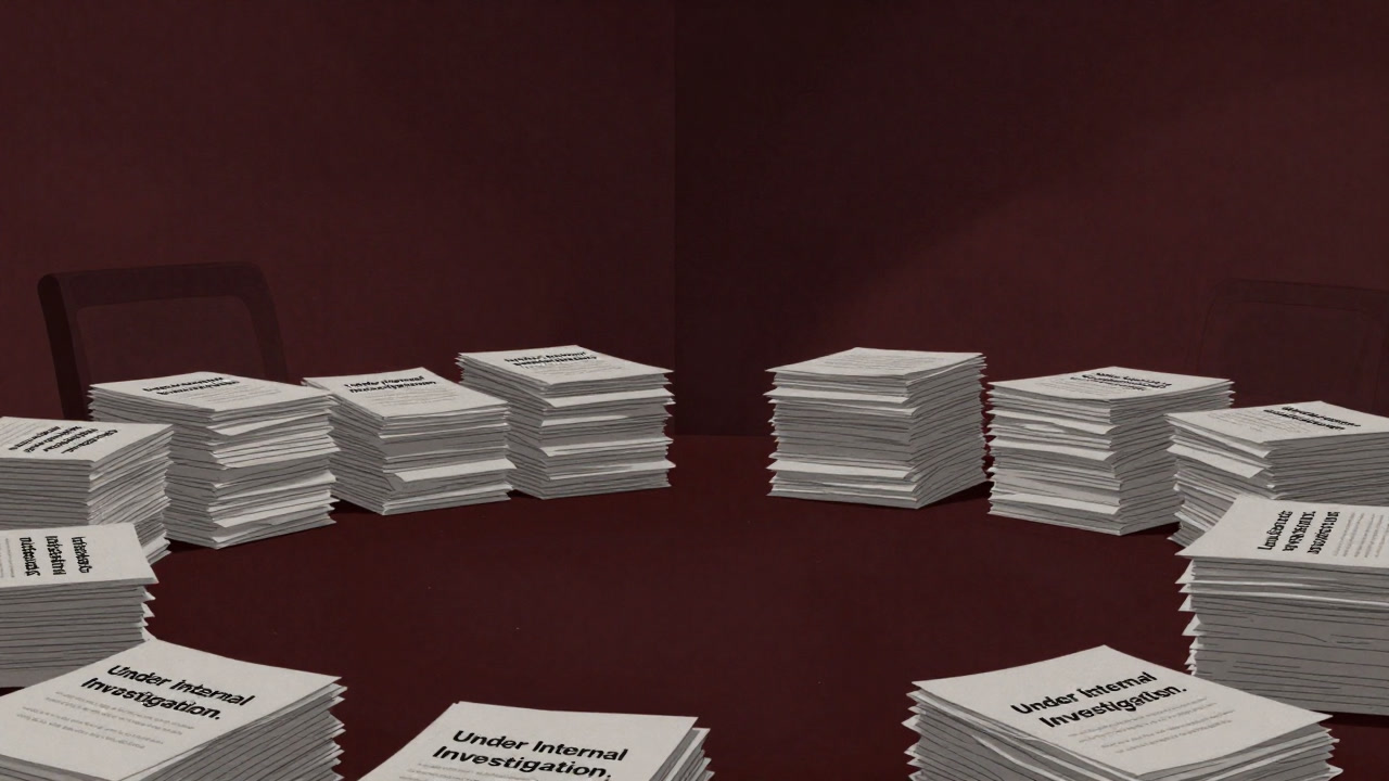 Image of a pile of files labeled "Under Internal Investigation" stacked in the corner of a boardroom