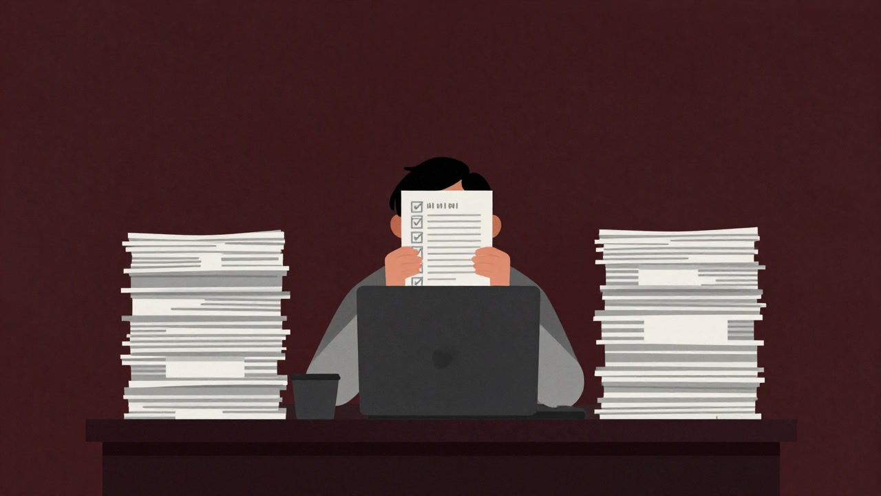 Side profile of an employee struggling buried in a pile of documents, with a towering wall of checklists in the background
