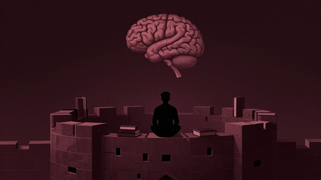 Silhouette of a philosopher secluded inside a fortress of the mind in a closed study