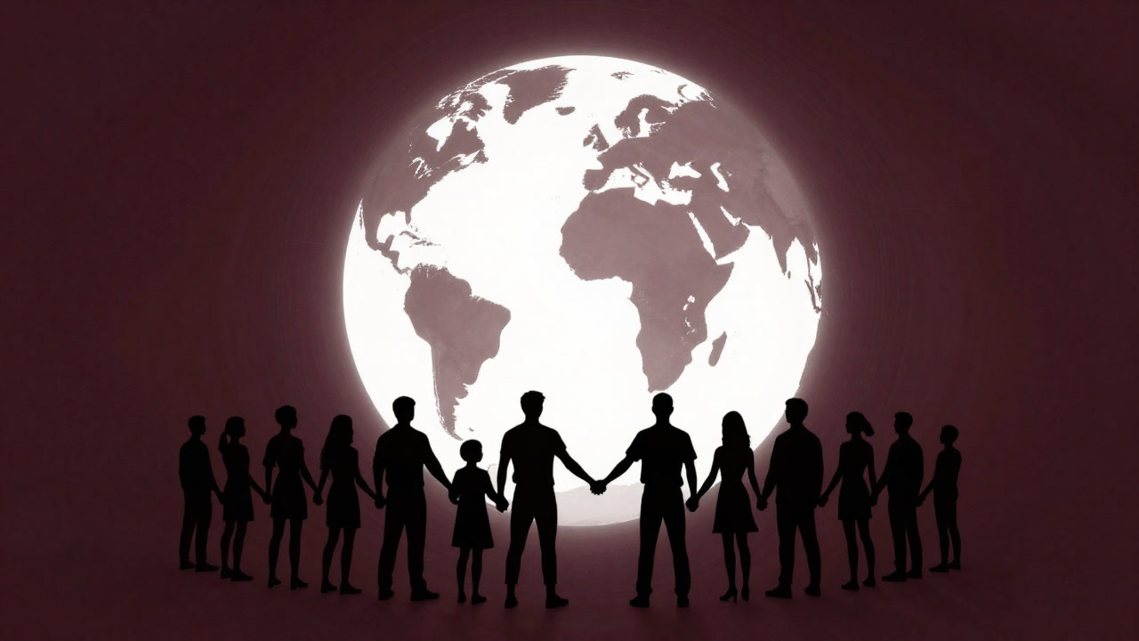 Silhouettes of people holding hands in front of a globe.