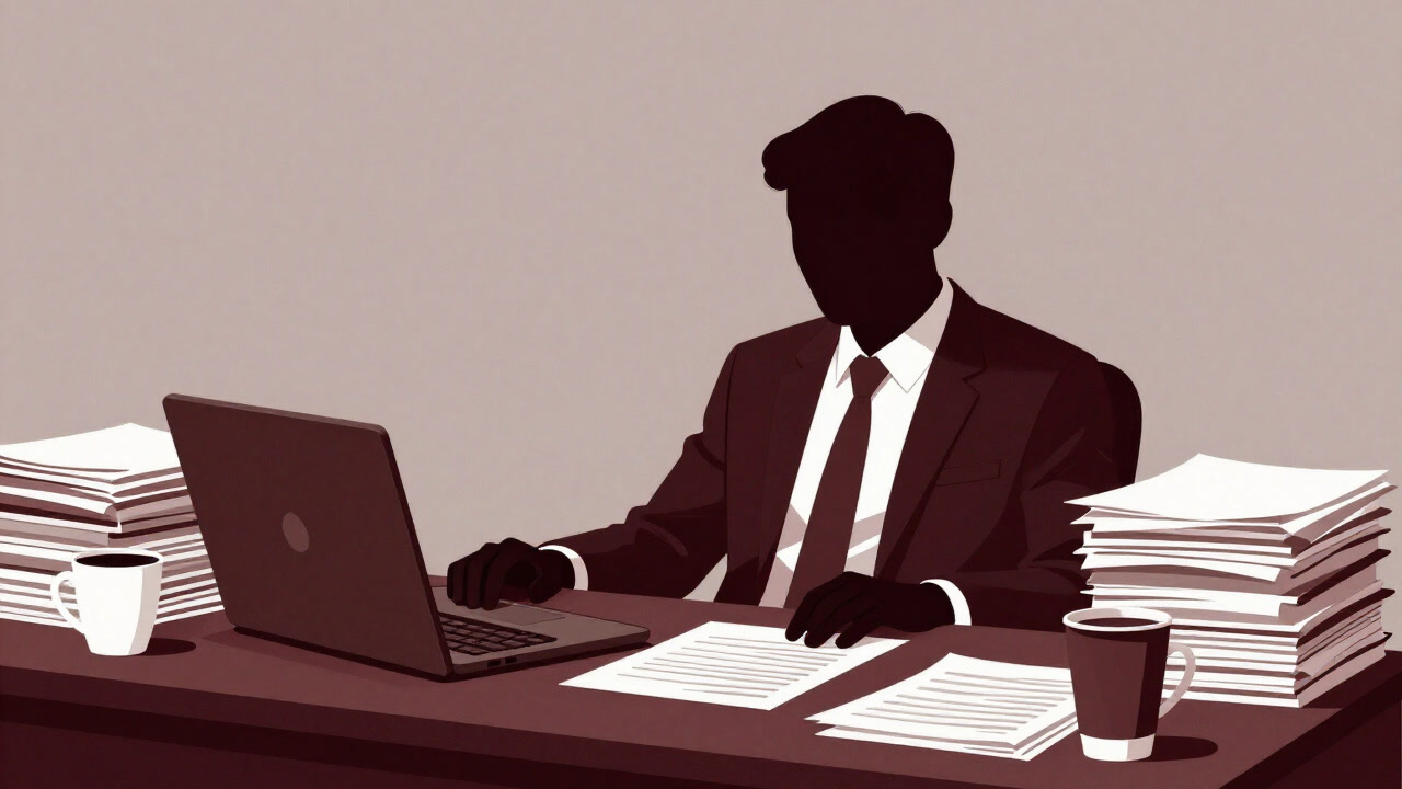 書類とコーヒーに埋もれたインターン生が無表情でパソコンに向かう写真