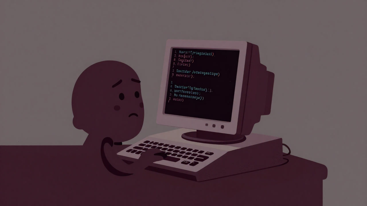 Anthropomorphic interpreter standing before an old terminal, parsing code line by line with a tired expression
