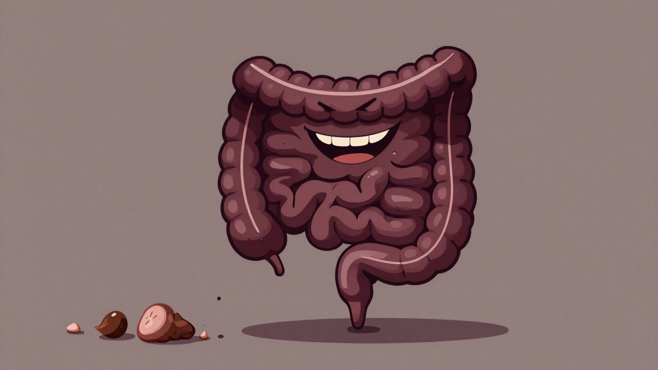 Eerie illustration of waste remnants wandering through a dark intestinal tunnel