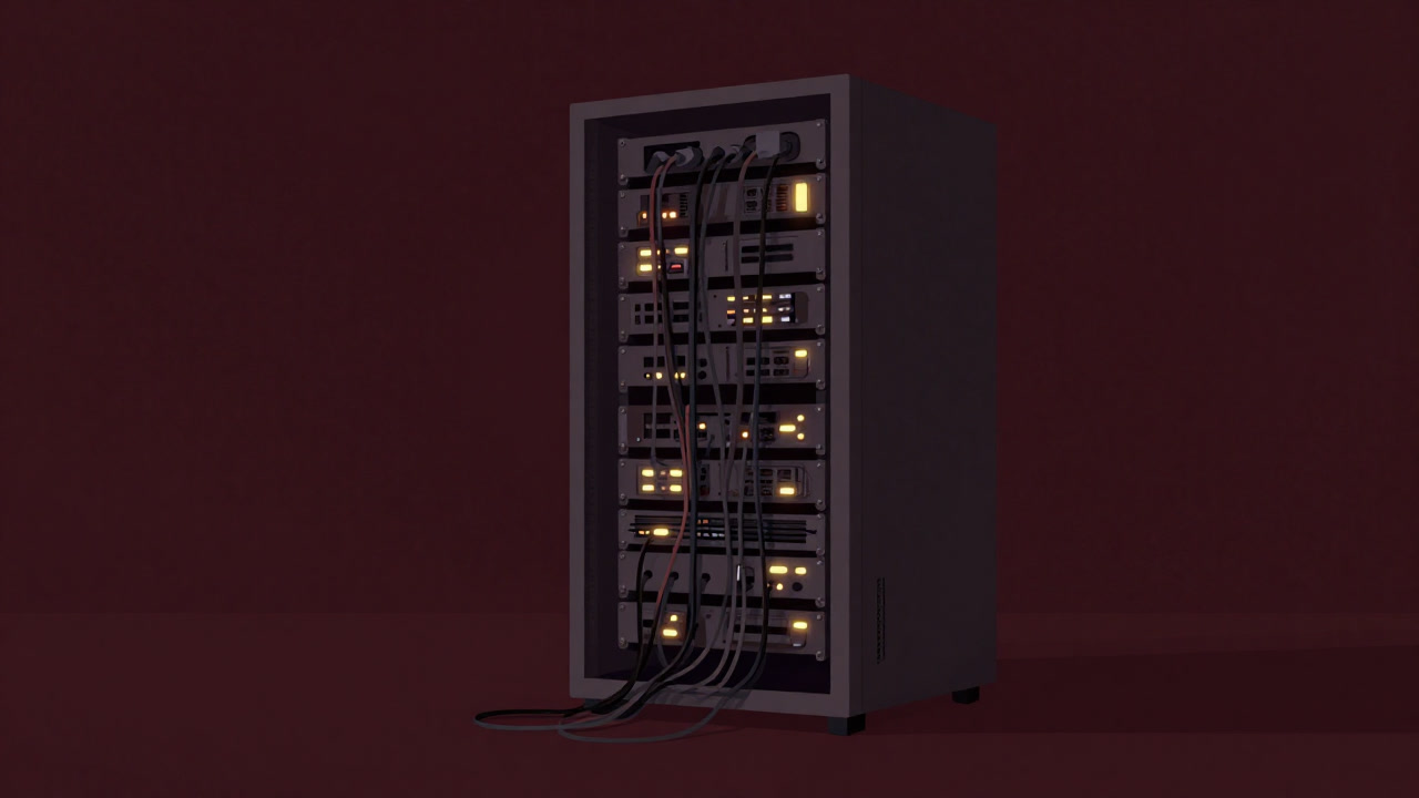 An old server rack tangled in countless cables blinking in darkness, symbolizing the intranet