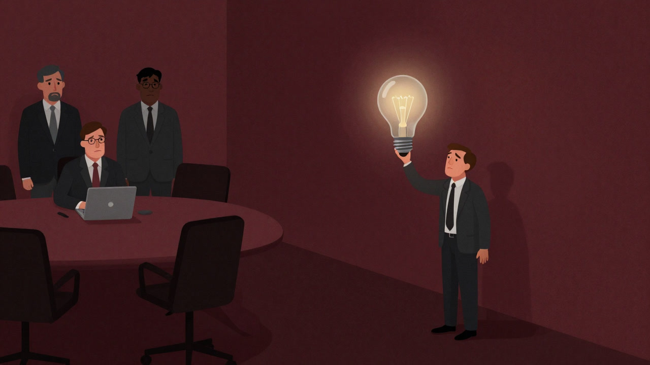 Silhouette of an employee in the corner of a meeting room clutching a glowing lightbulb idea while waiting for approval.
