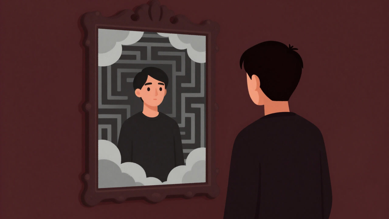 Illustration of a person staring at their reflection in a mirror, lost in a labyrinth of thoughts