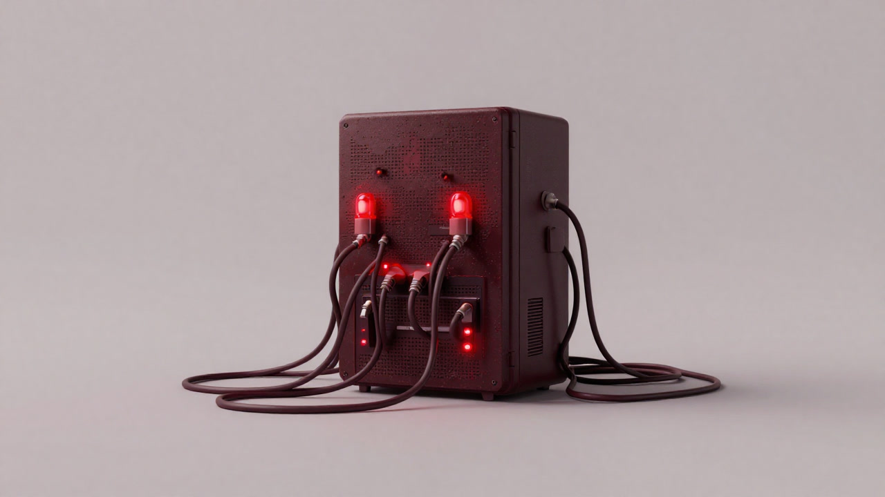 Anthropomorphic device burdened by network cables, blinking alert lights