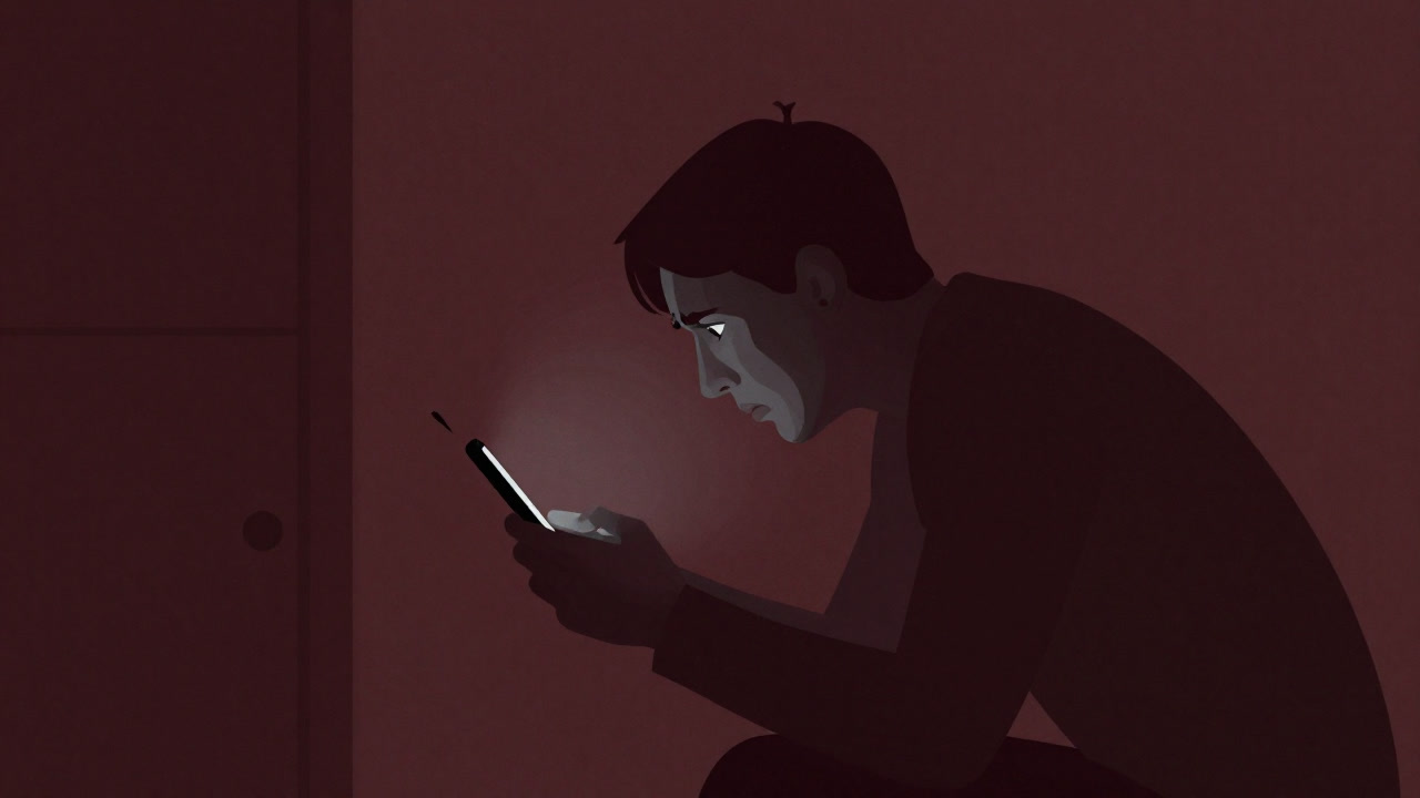 Silhouette of a person intrusively leaning into a room and peering at a phone with disgust and concern.