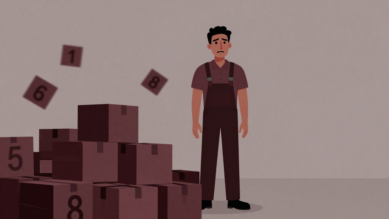Illustration of a bewildered warehouse clerk surrounded by a chaotic pile of boxes.