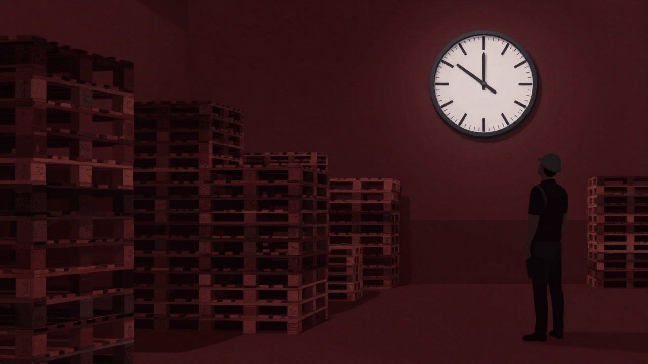 倉庫内で渋滞するパレットと時計の針を見つめるエンジニアの影絵