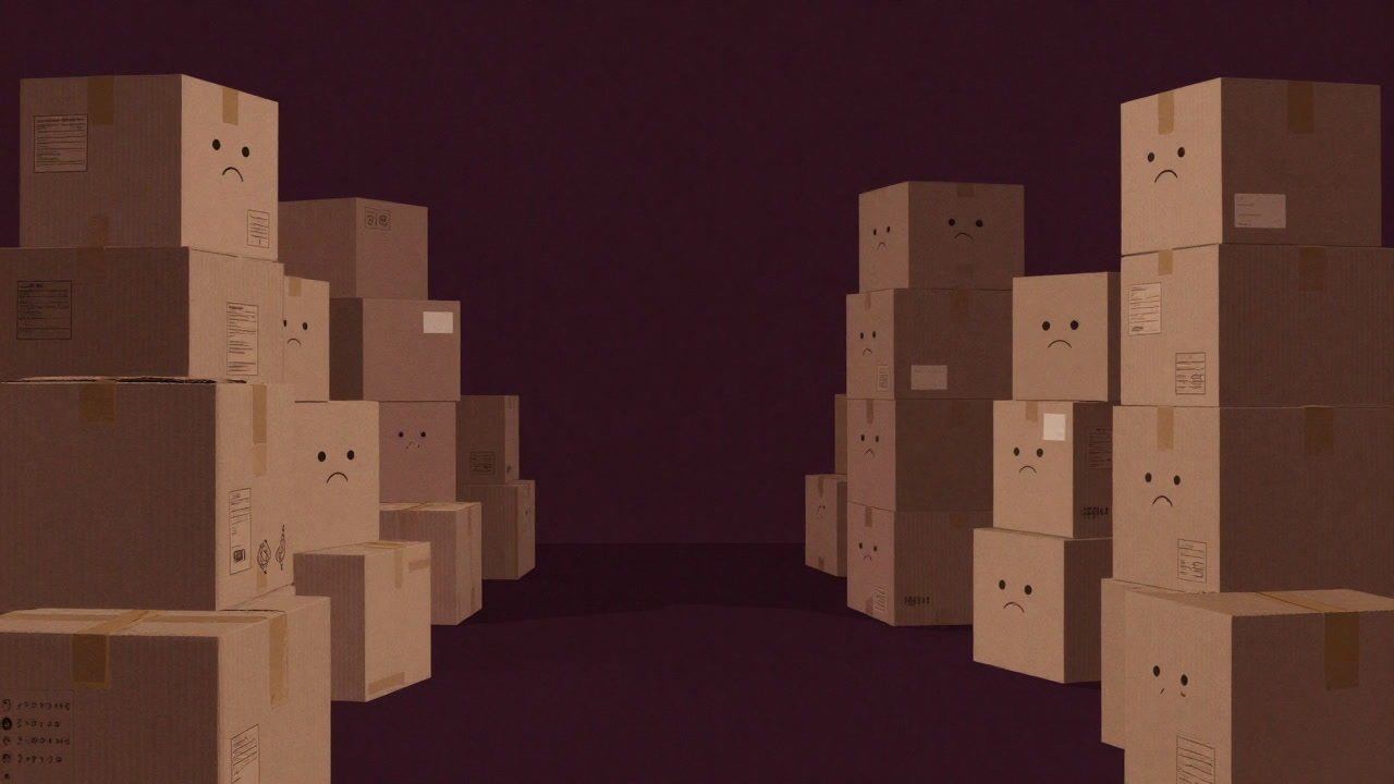 Dusty cardboard boxes piled up, products stranded in the back of a warehouse, gathering dust