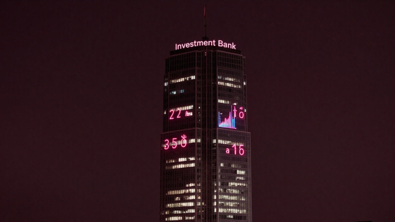 Illustration of an investment bank skyscraper at night with neon numbers dancing across glass windows