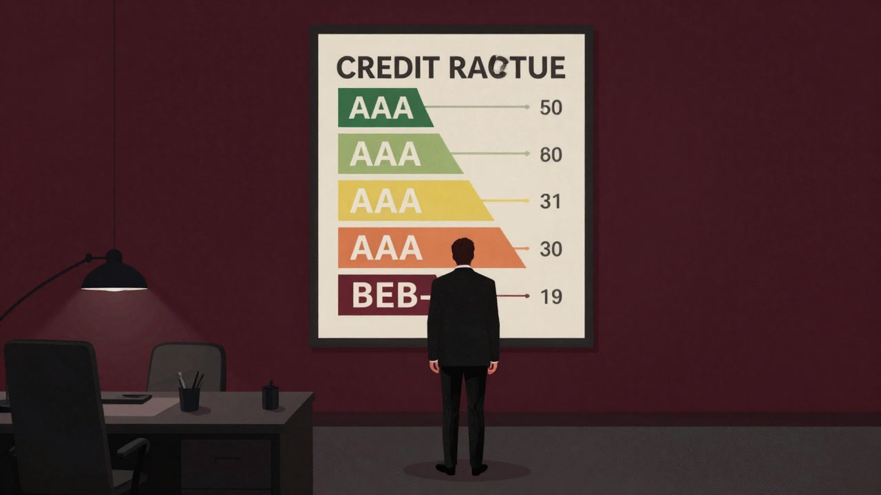 Silhouette of an investor standing dumbfounded before a huge credit rating chart