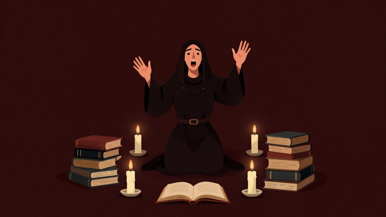 A solemn scene surrounded by candles and prayer books, with someone loudly attempting to evoke something.