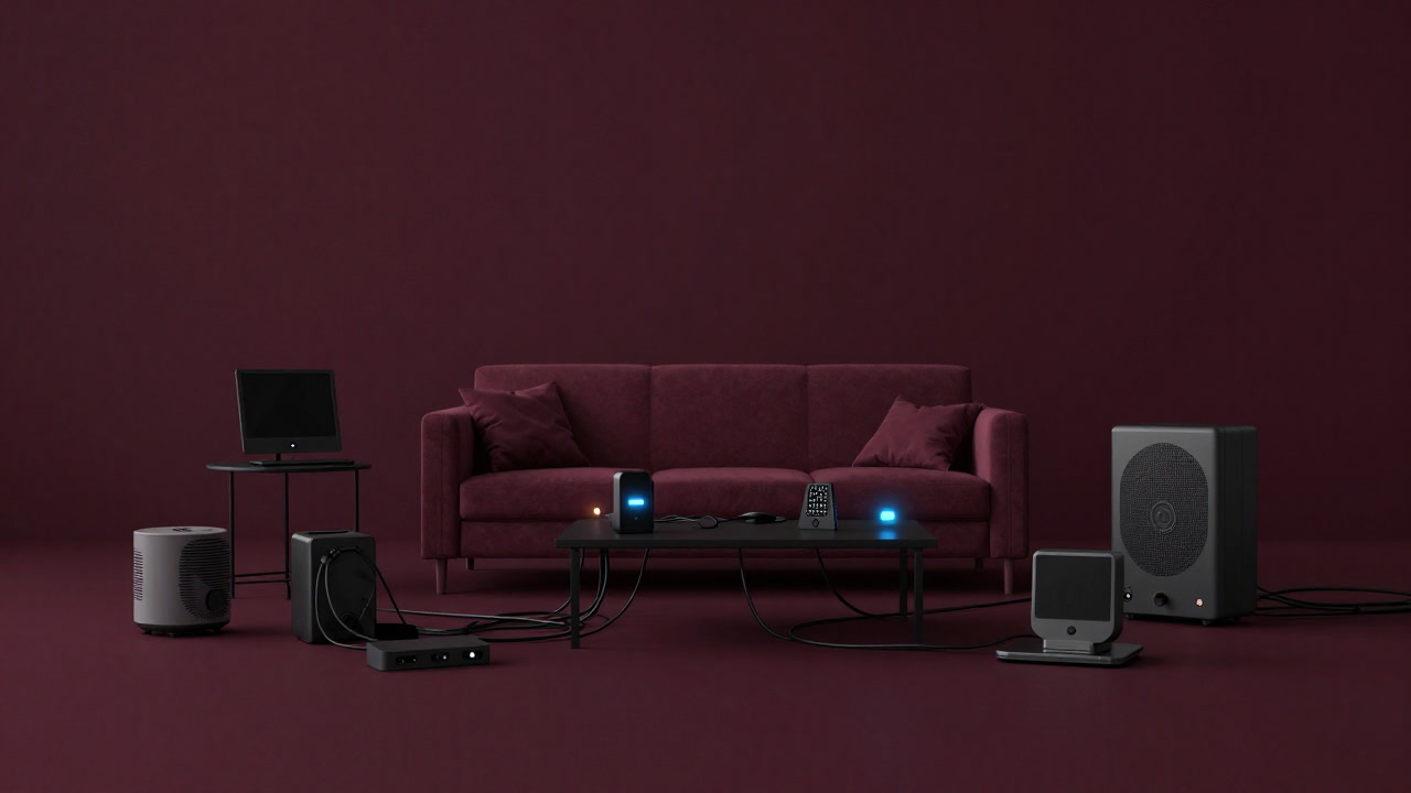 A living room filled with numerous IoT devices tangled in cables and blinking LEDs