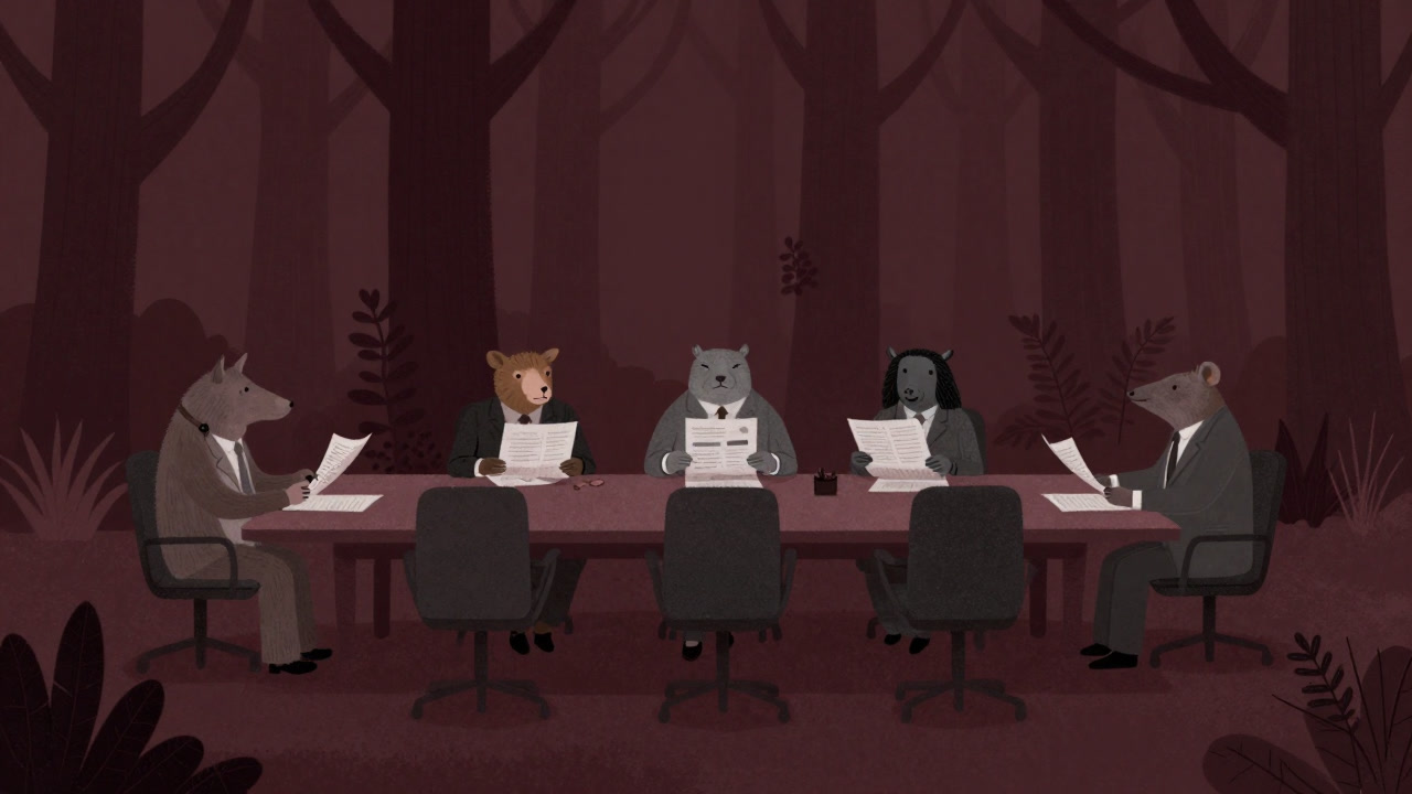 Illustration of anthropomorphized plants and animals around a conference table in a forest, reviewing each other's reports