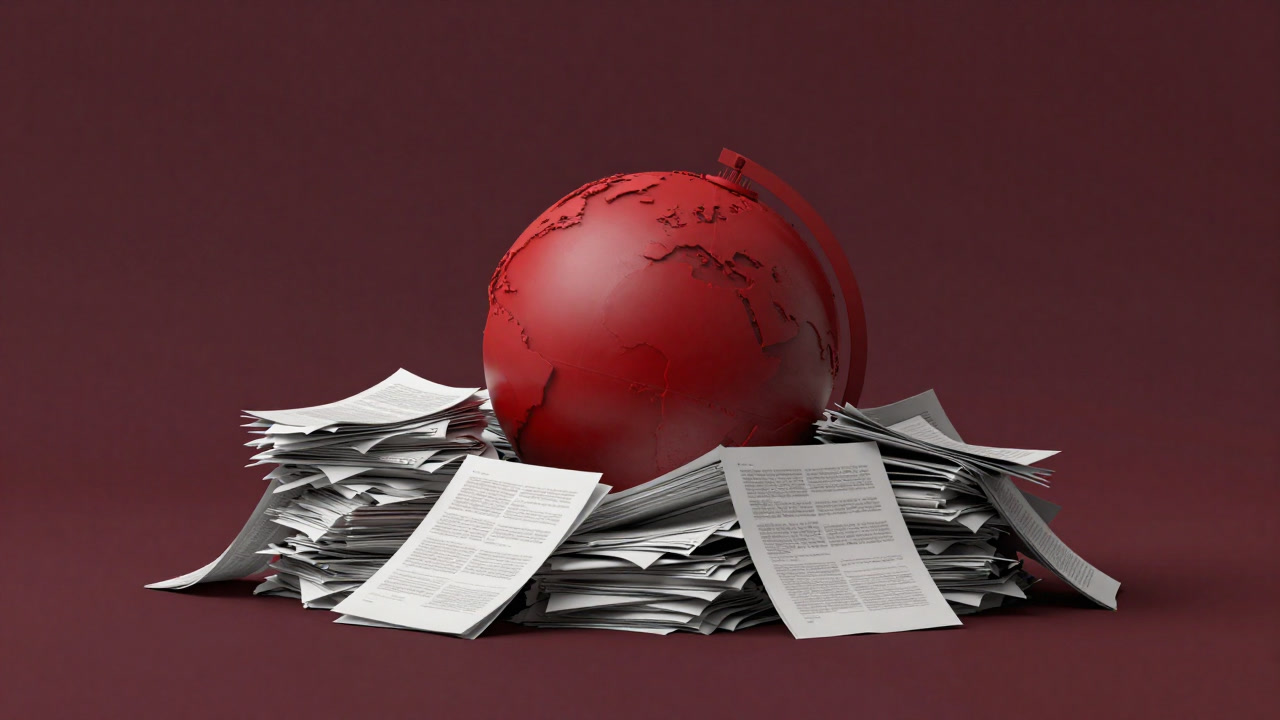 赤い地球儀が埋もれた書類の山の前に置かれ、焦りと無力感が漂うイラスト