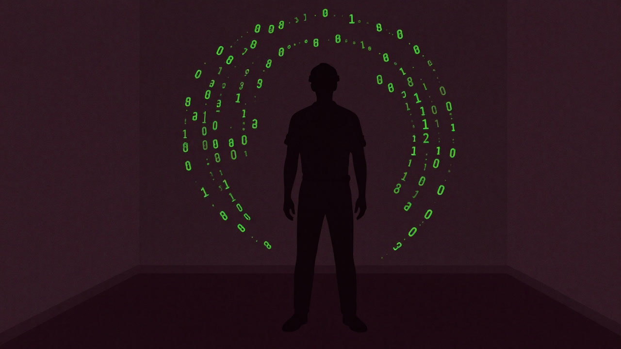 Silhouette of an engineer stunned by endless floating hexadecimal streams.