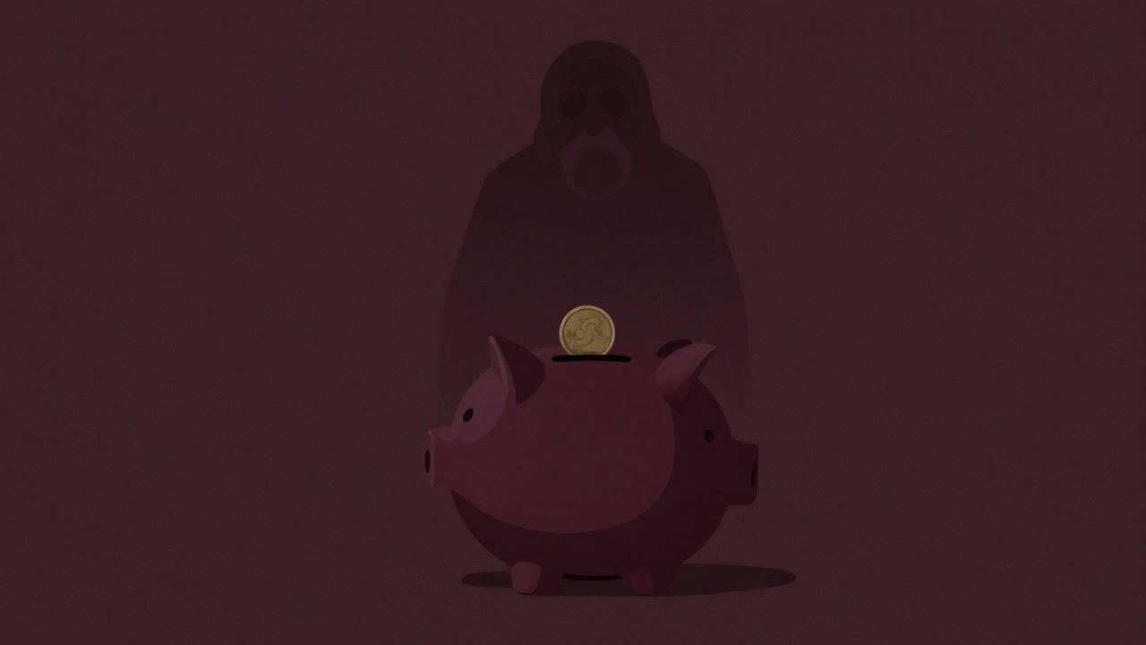 袋の口をしめられた貯金箱のように細く開いた口座、奥に老後の影が揺れるイラスト