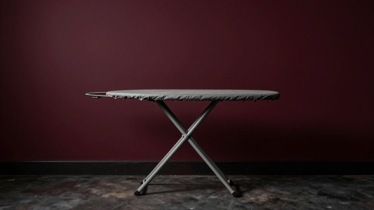 埃をかぶったまま折り畳まれ、壁にもたれかかるアイロン台の写真