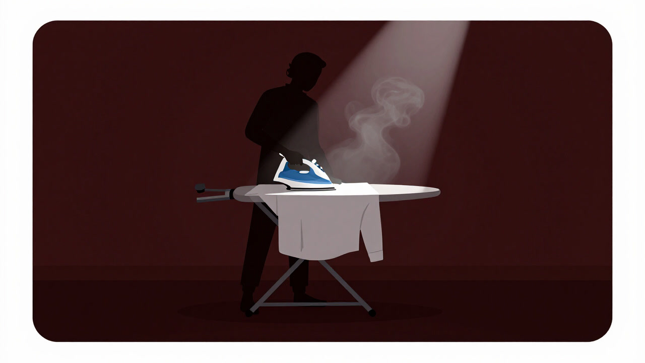 A silhouetted figure at an ironing board amid rising steam, with a shirt glowing coldly free of wrinkles.