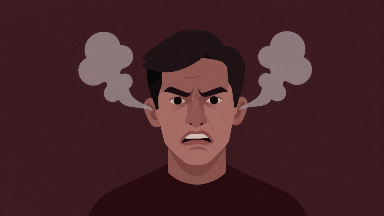 爆発しそうな眉間を寄せた表情の人物と、湯気立つ耳を擬人化したイラスト