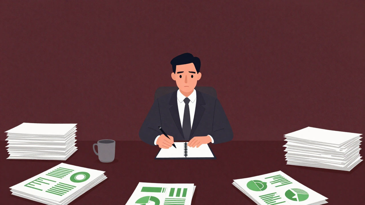 見渡す限りの書類とグリーン文字に囲まれた会議室で、真剣な面持ちでメモを取る認証担当者の姿