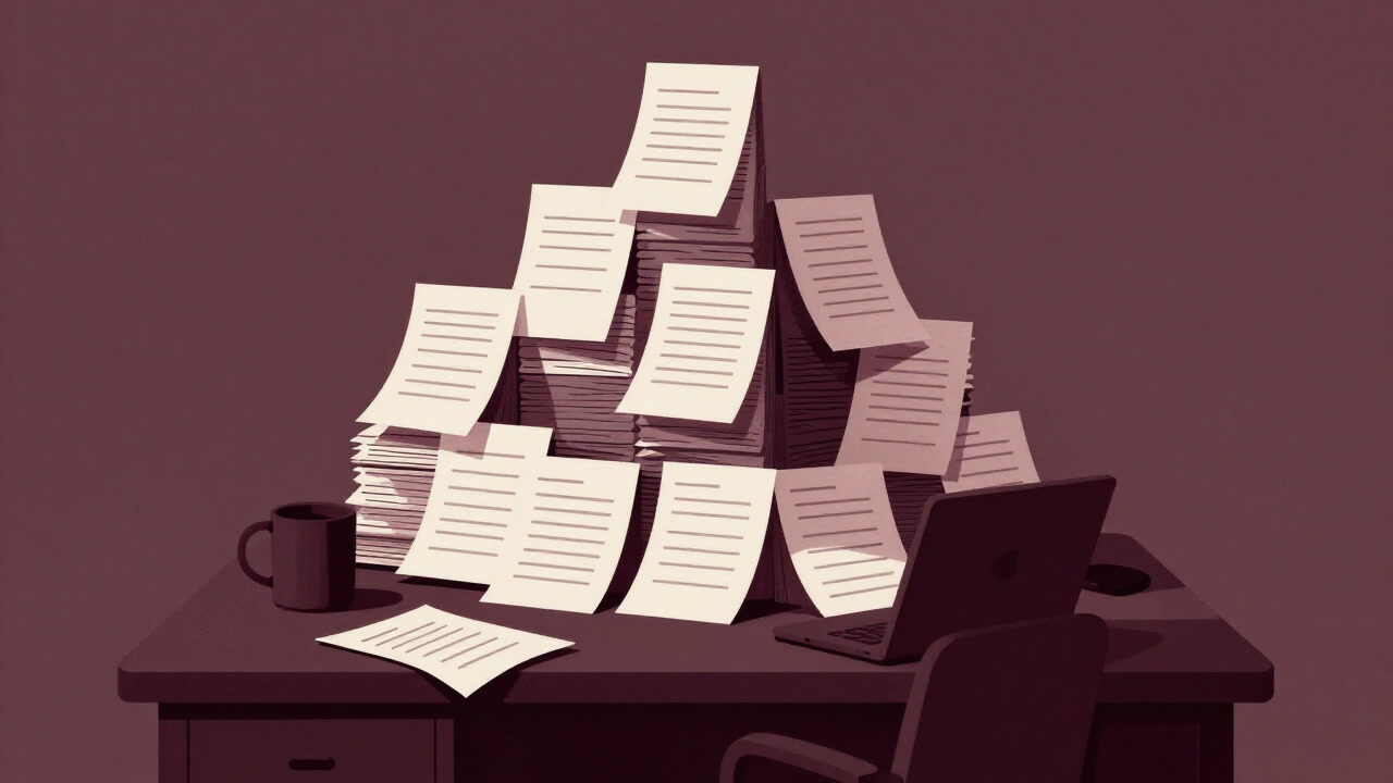 Image of a desk piled high with paper to-do lists towering like a fortress
