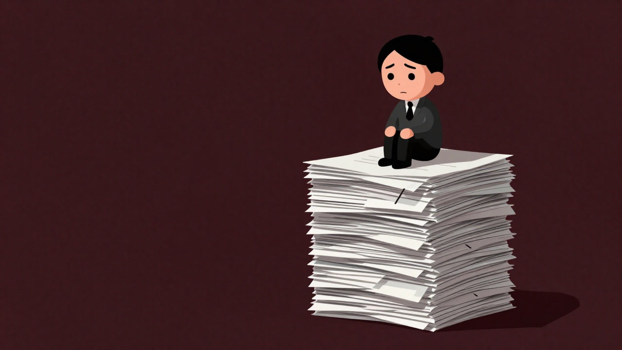 A tiny figurine character perched atop a mountain of paperwork piled on a desk, looking anguished.