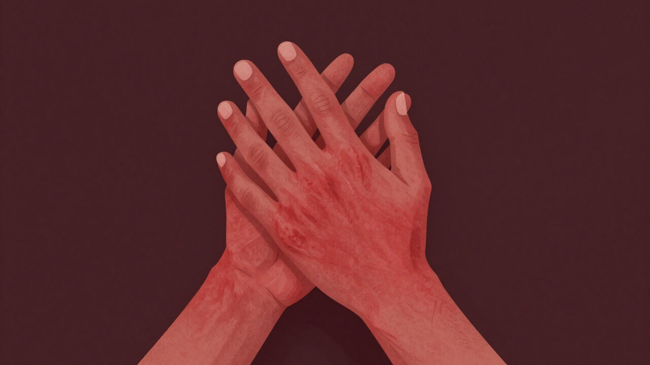 赤く腫れ上がった皮膚を指先で掻きむしる手元のクローズアップ