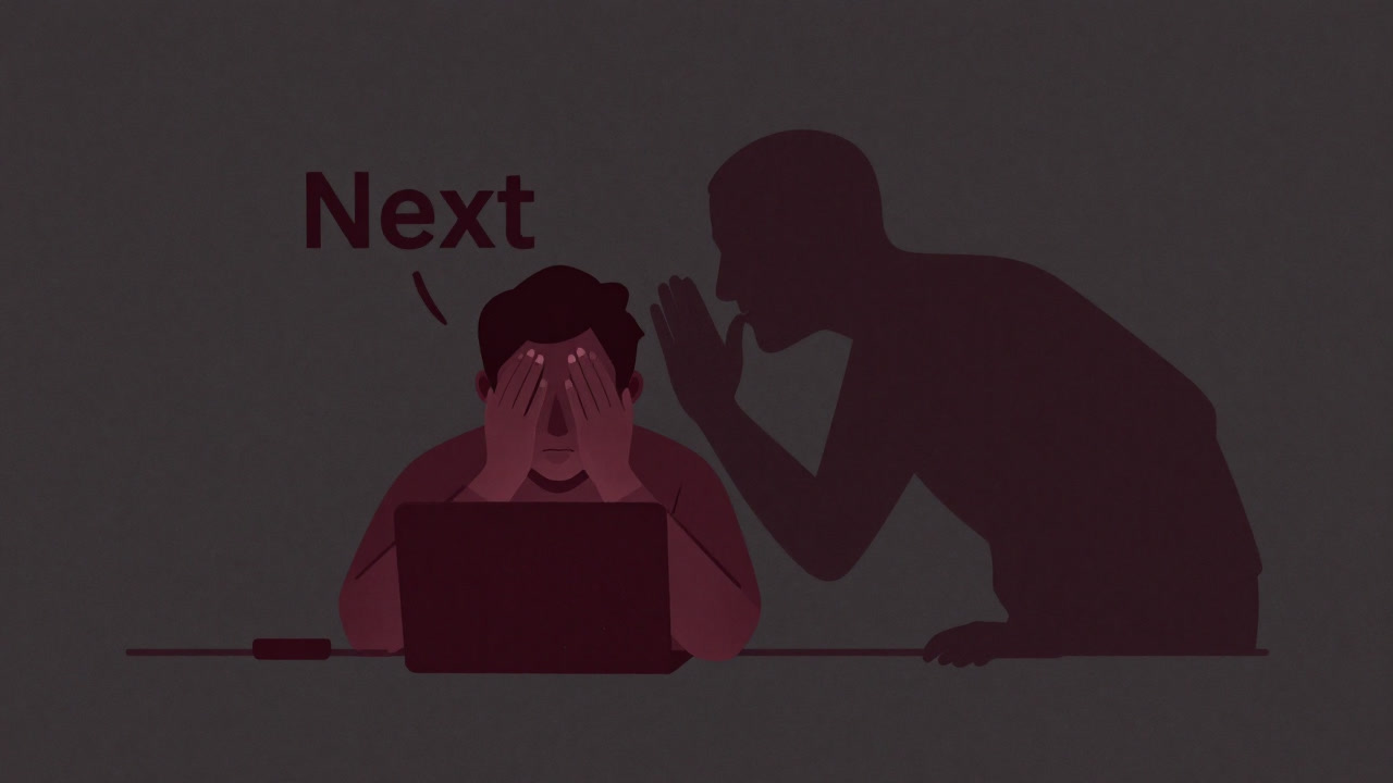 Illustration of a programmer frantically calling 'Next' with an ominous Iterator shadow looming over