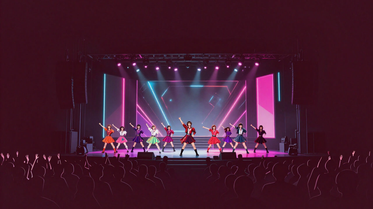 ステージで大量のライトに照らされ、カラフルな衣装をまとったダンサーとともに歌うJ-POPアーティストの姿