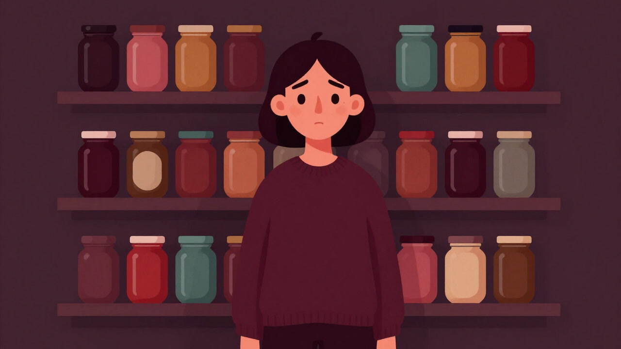 Illustration of a person standing thoughtfully in front of a shelf lined with colorful jam jars, debating which to choose.