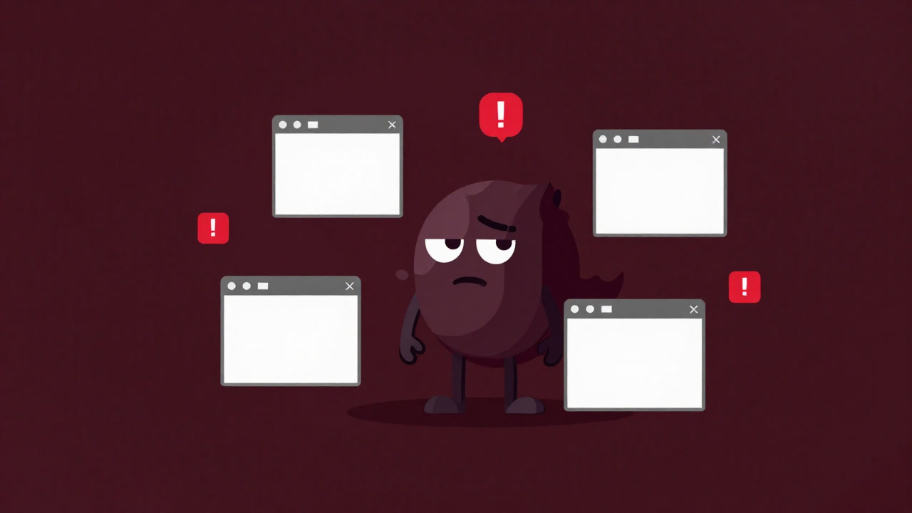 Anthropomorphic JavaScript character surrounded by countless windows, bearing error icons and looking forlorn